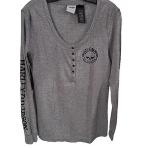 Harley Davidson Women’s Gray Willie Skull Henley Ribbed Knit L/S Snaps  XL NWOT